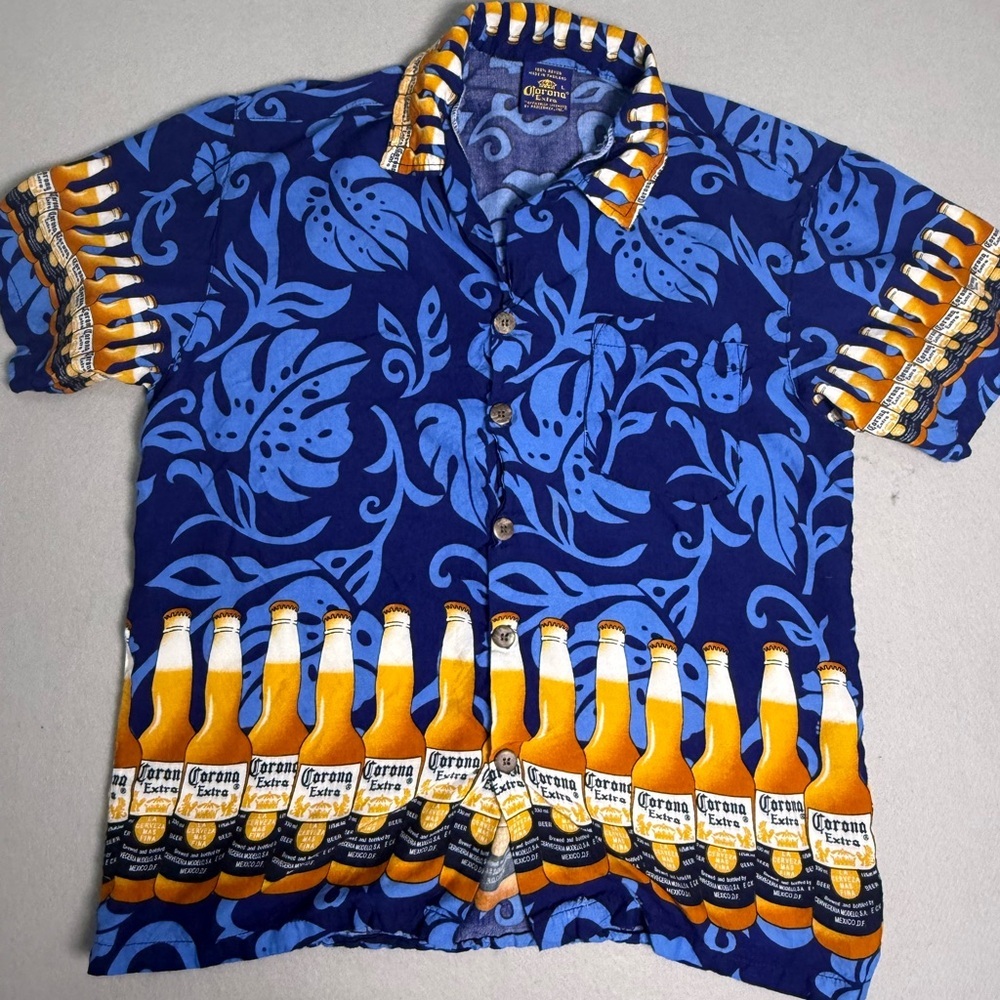 Corona Extra Shirt Mens L Hawaiian Button Up Rayon Beer Bottles Casual Fiesta